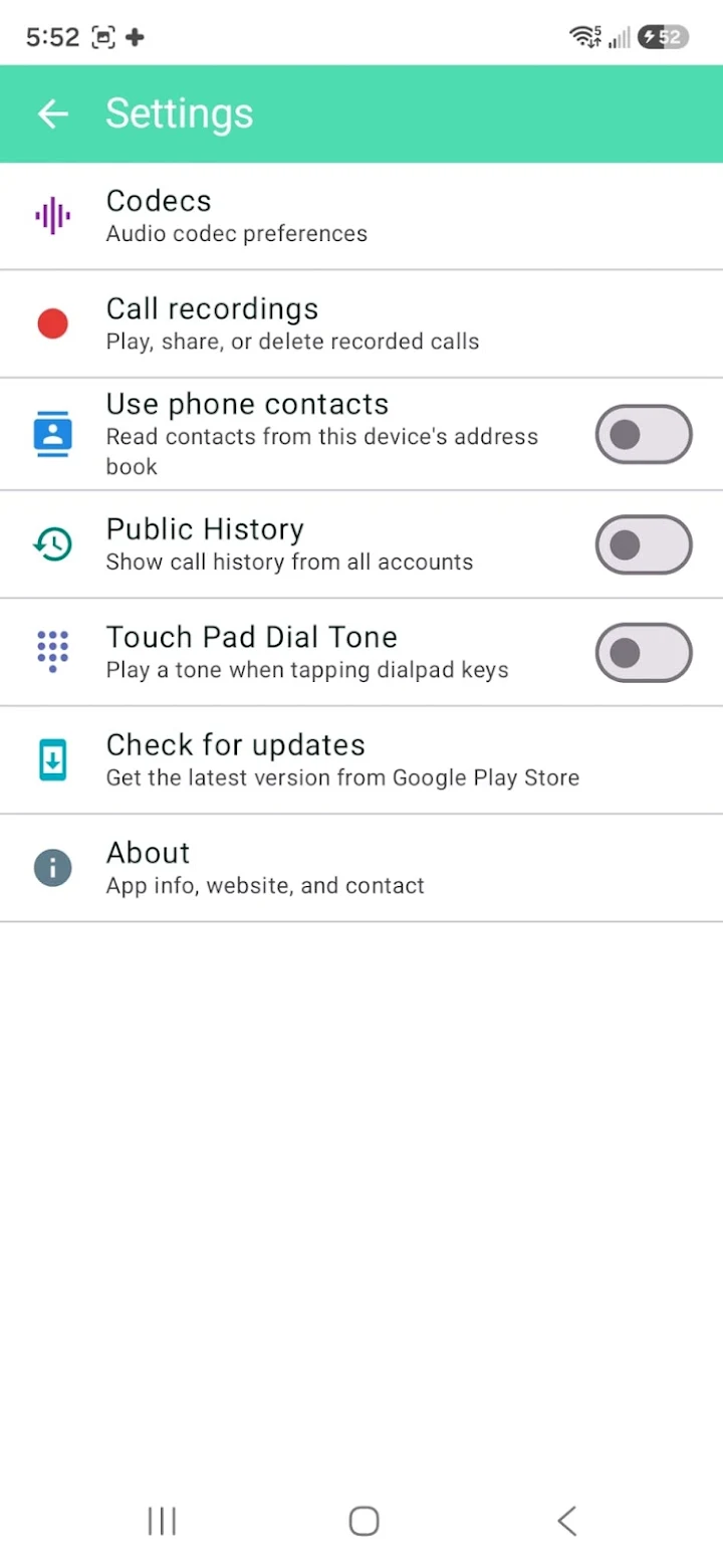 MediCall settings on Android, including codecs, call recordings and contacts