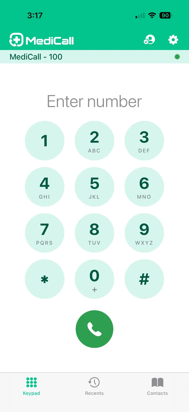 The MediCall dialer on iPhone with the clinic line signed in and ready