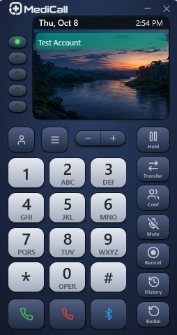 The MediCall app for Windows, showing a line, the keypad and the call controls