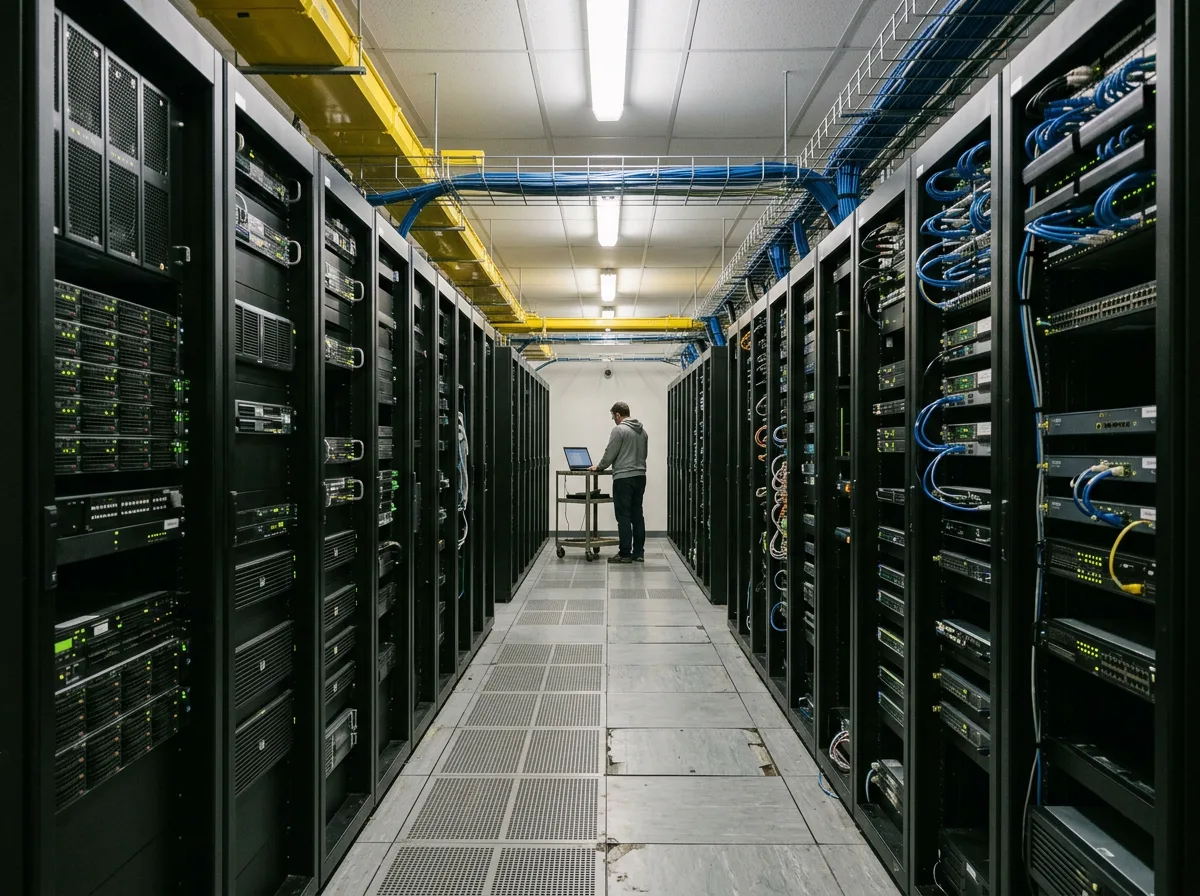 Data centre aisle lined with server racks