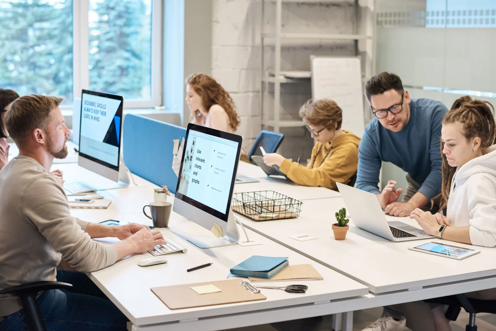 A team working at their computers in a bright office