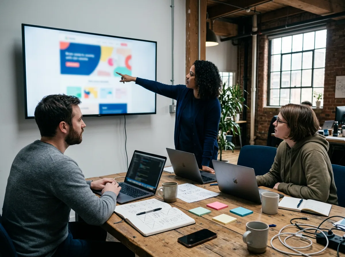Web team reviewing a website design on a wall screen