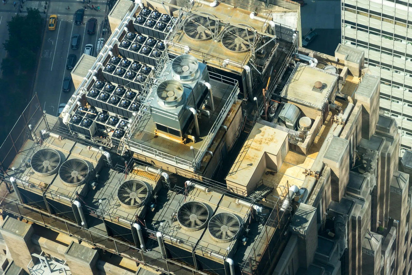 Cooling units with large fans on a rooftop