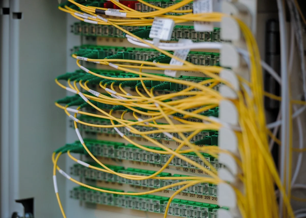 Yellow fibre patch cables plugged into a patch panel