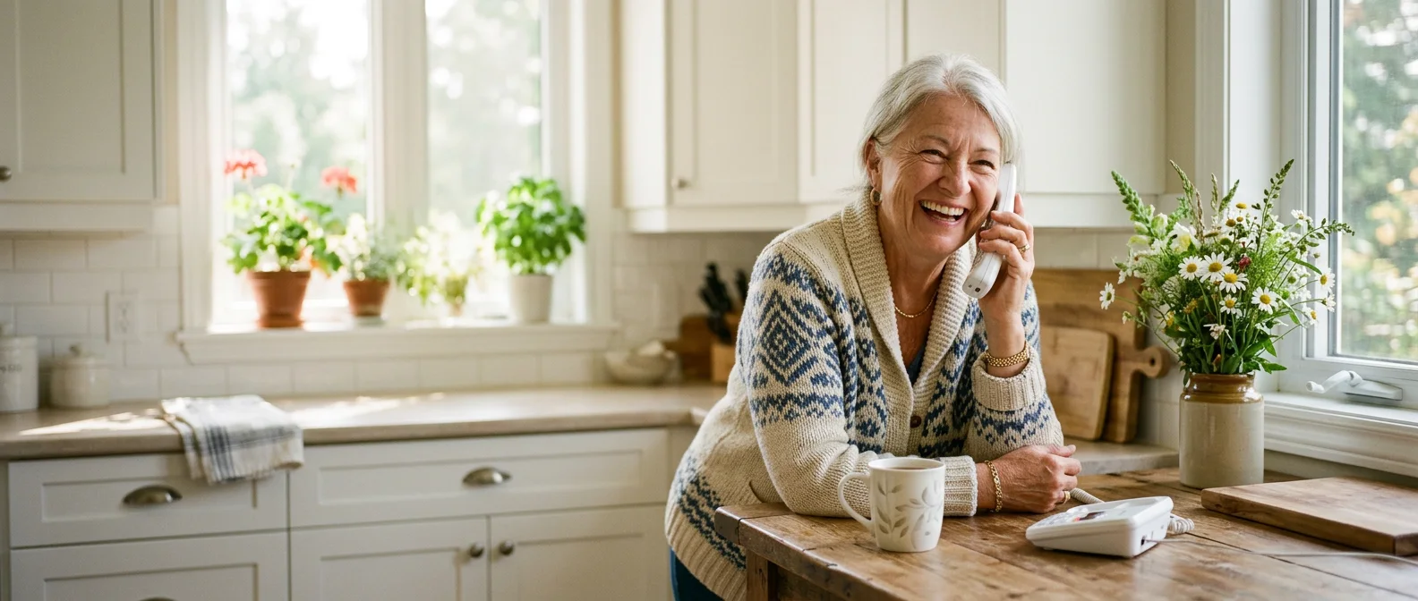A smiling grandmother on a cordless home phone in a sunny kitchen