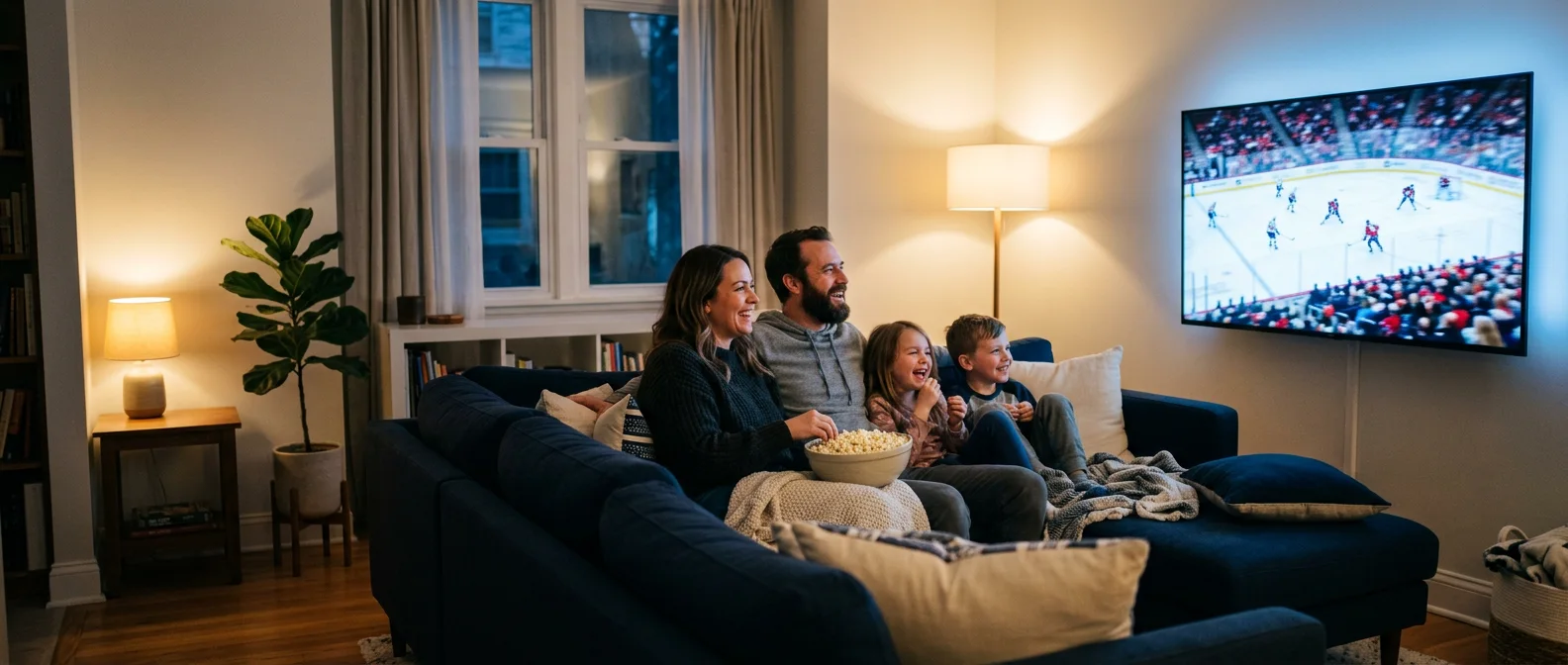 A family of four on a sectional sofa watching a hockey game on a large wall-mounted TV
