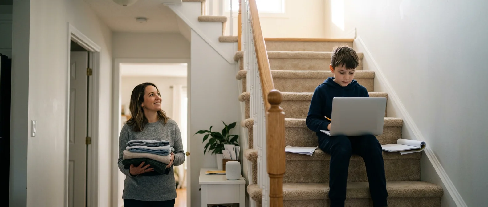 A boy doing homework on a laptop on the stairs while his mother passes in the hallway below