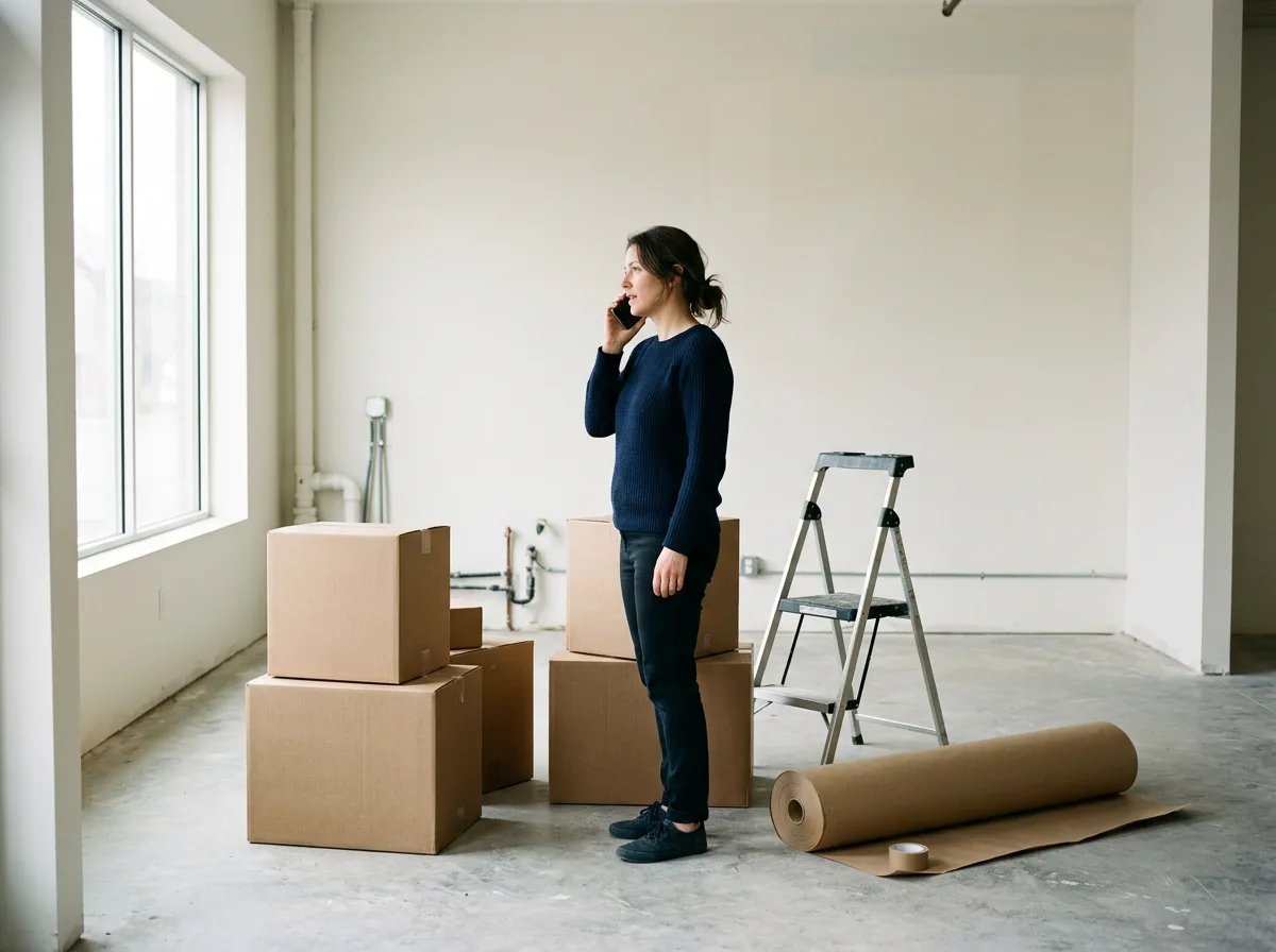 A business owner on the phone in a new storefront, moving boxes and a ladder around her