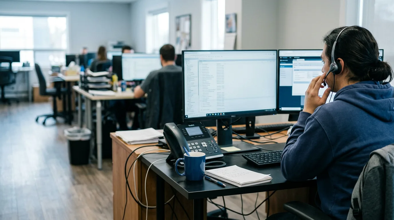 A support technician on a headset at his desk