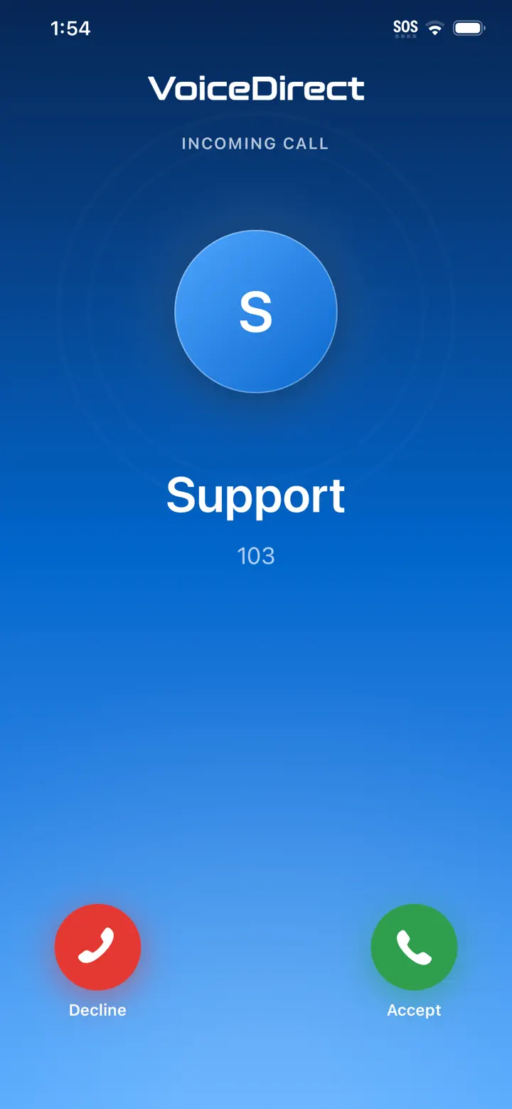 An incoming call in the VoiceDirect app on iPhone