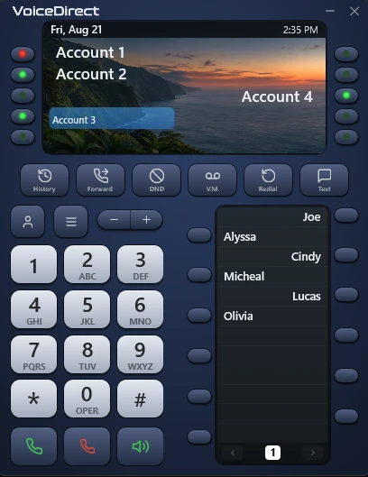 The VoiceDirect app for Windows: line keys, the keypad and the contact list
